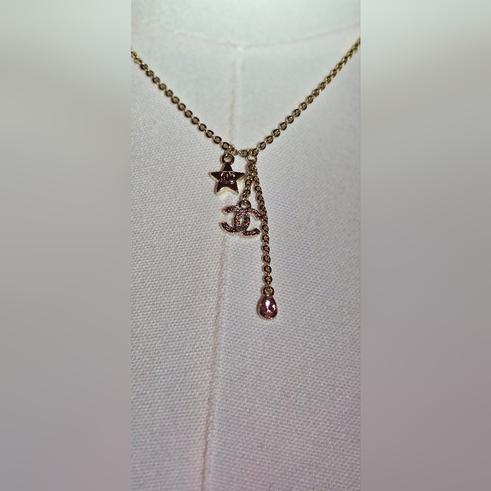 Gold Star and Logo Pendant Necklace